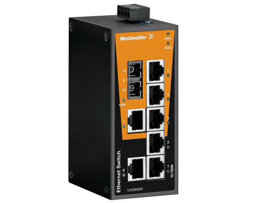 Weidmuller 1240950000 IE-SW-BL08-7TX-1SCS Исполнение: Сетевой выключатель, unmanaged, Fast Ethernet, Количество портов: 7x RJ45, 1 * SC, одномодовый, IP30, -10 °C...60 °C