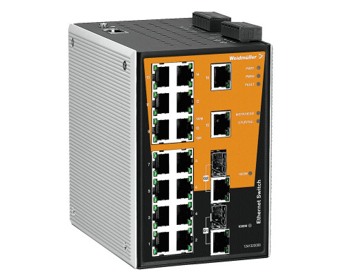 Weidmuller 1241320000 IE-SW-PL18M-2GC-16TX Исполнение: Сетевой выключатель, managed, Gigabit Ethernet, Количество портов: 16 * RJ45 10/100BaseT(X), 2* комбинированных порта (10/100/1000BaseT(