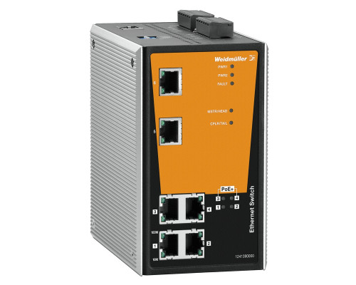 Weidmuller 1241390000 IE-SW-PL06M-2TX-4POE Исполнение: Сетевой выключатель, managed PoE, Fast Ethernet, Количество портов: 2 * RJ45 10/100 BaseT(X), 4 * RJ45 10/100 BaseT(X) PoE+, IP30, 0 °C...60 °C