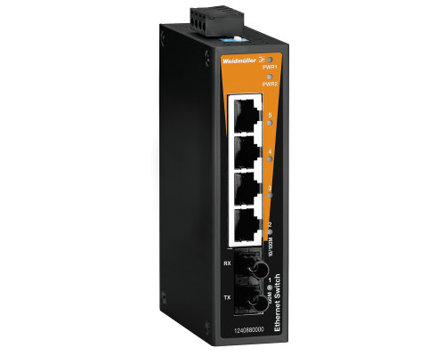 Weidmuller 1286540000 IE-SW-BL05T-4TX-1ST Исполнение: Сетевой выключатель, unmanaged, Fast Ethernet, Количество портов: 4x RJ45, 1 * ST, многомодовый, IP30, -40 °C...75 °C