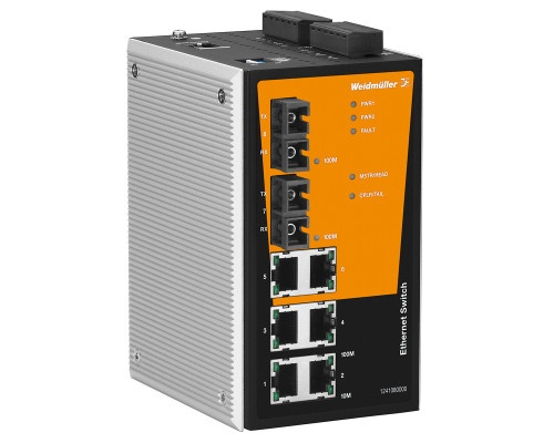 Weidmuller 1286800000 IE-SW-PL08MT-6TX-2ST Исполнение: Сетевой выключатель, managed, Fast Ethernet, Количество портов: 6 x RJ45, 2 * ST, многомодовый, IP30, -40 °C...75 °C